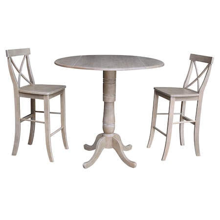 International Concepts Round 42 in Rd Pedestal Bar Height Table, 2 Bar Height Stools, Washed Gray Taupe, 42 W, 42 L, Wood K09-42DPT-S6133-2